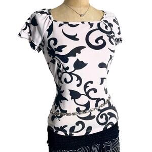 Mercer‎ Street Studio Blouse Baby Pink Black Print Y2K Fairycore S M